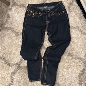 Dark Blue Skinny Jeans with Golden Stitching